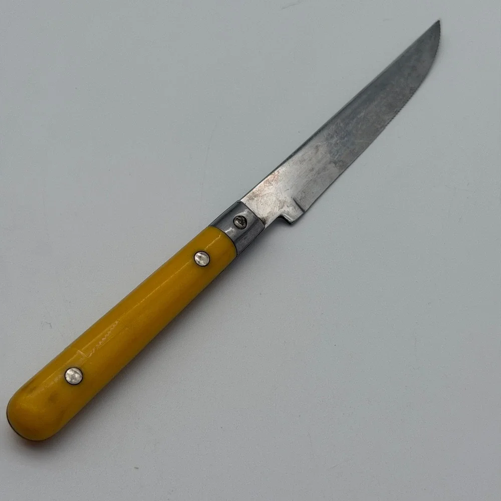 Vintage Yellow Handle Steak Knife Stainless Taiwan Serrated Retro MCM Flatware